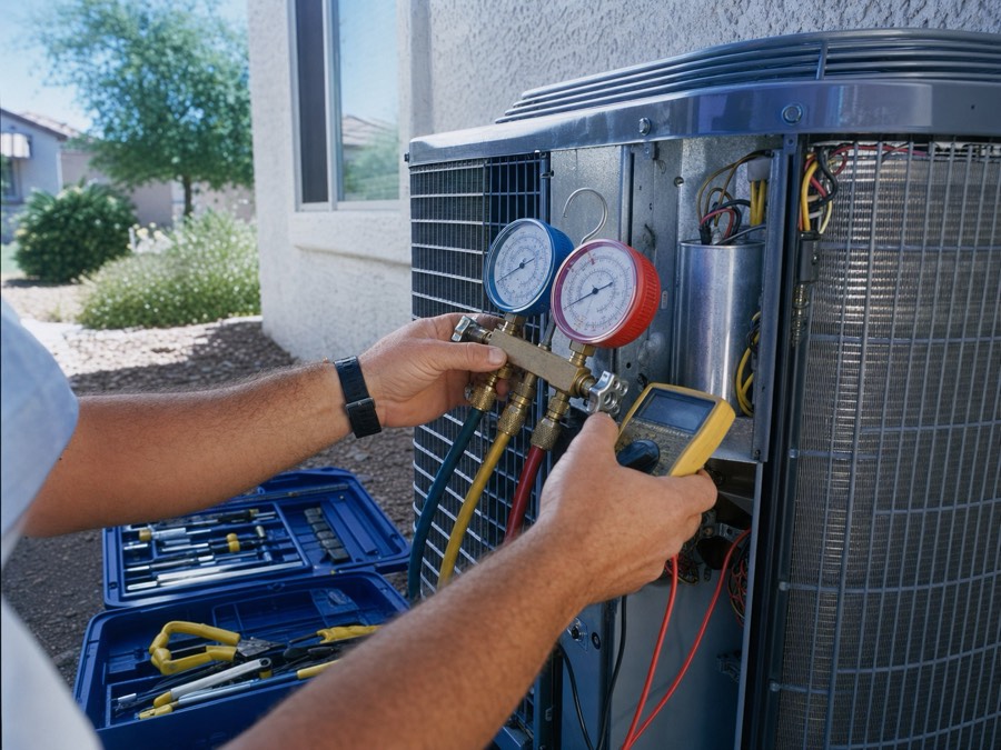 HVAC diagnostic tools connected to a residential air conditioner